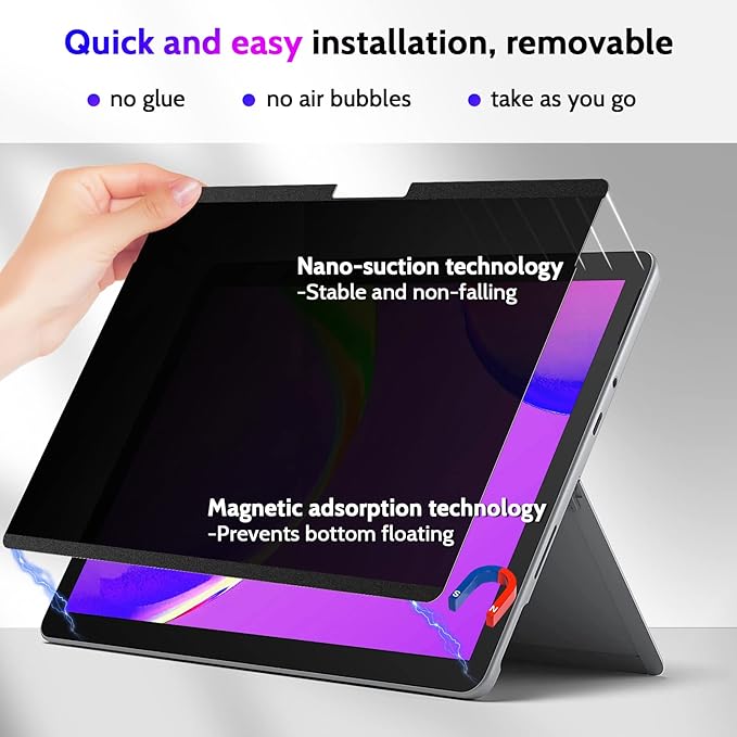 Magnetic Privacy Screen for Surface Go 4/3/2/1 10.5 Inch, Removable Anti Blue Light Glare Filter, Black Security Private Apy Block Protector