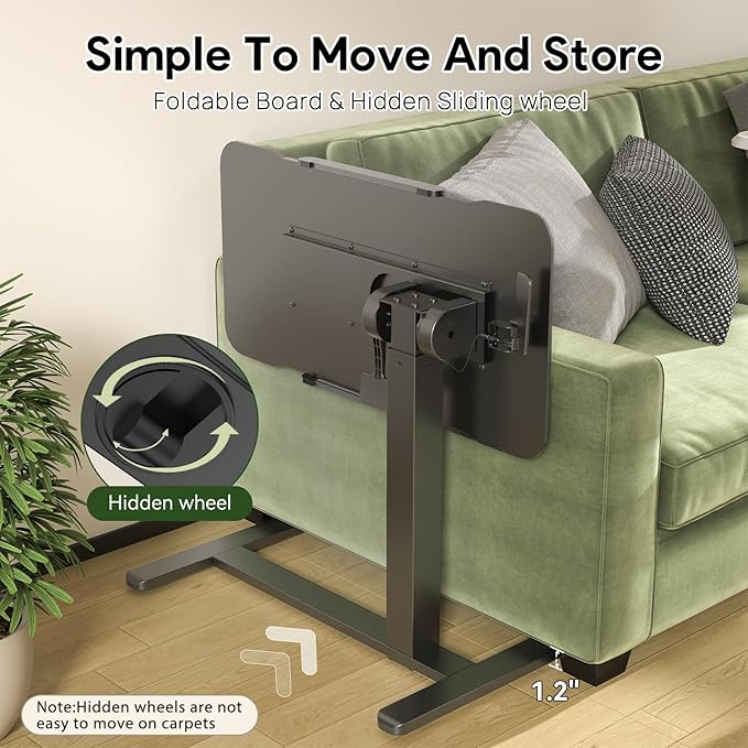 Rolling Laptop Desk, Mobile Standing Desk Height Adjustable, 180° Tiltable Overbed Bedside Table, Portable Computer Desk with Wheels, Foldable Laptop Cart for Home Office, Black