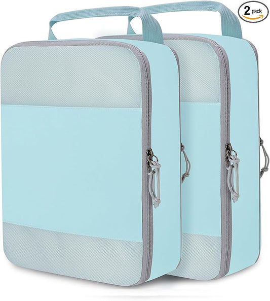 Compression Packing Cubes for Travel Essentials, 2 Set Expandable Compression Bags for Travel Packing Cubes for Suitcase Luggage Organizer Bags, Blue Mesh