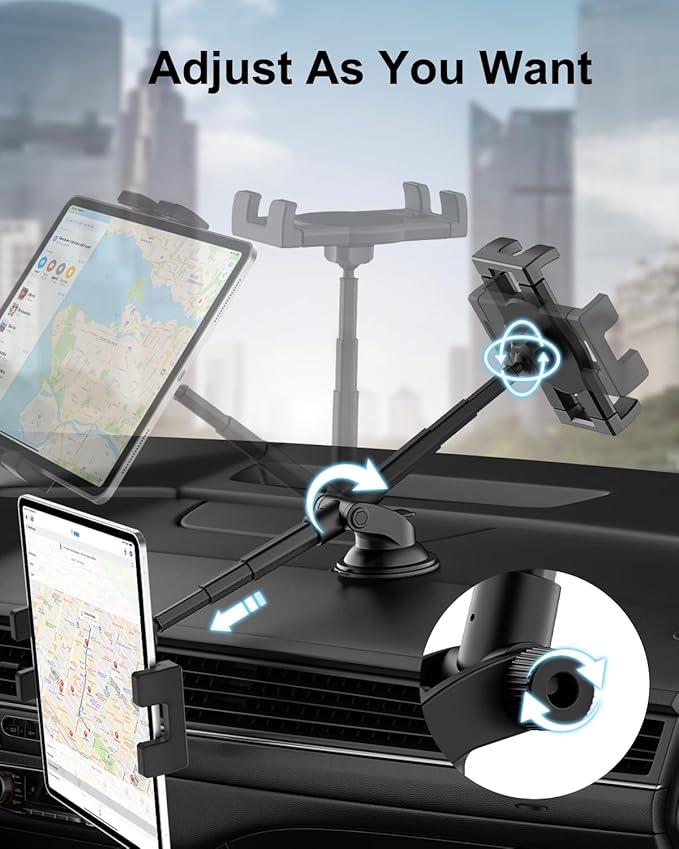 woleyi Dashboard Car Tablet Mount, Telescopic Tube Suction Cup Car Tablet Holder, Compatible with iPad Pro/Air/Mini, Galaxy Tab/Z Fold, Fire HD, Surface, iPhone, More 4.7-13" Cell Phones and Tablets