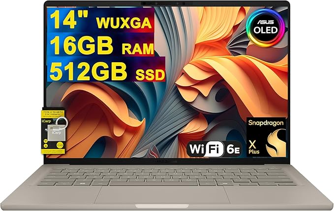 ASUS Zenbook A14 Laptop 14" WUXGA OLED (100% DCI-P3, 600nits HDR) Qualcomm 8-core Snapdragon X Plus (Up to 45 Tops) 16GB RAM 512GB SSD for Creator Business Professional Win11 ICP Hub w/Copilot+ AI