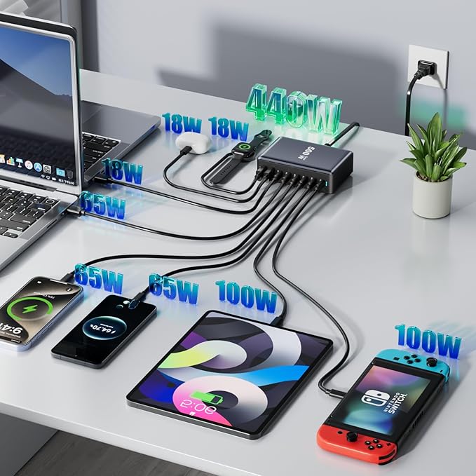 440W Fast Charging 8 Port USB C Charger Block, Multi-Device USB Charging Station Wall Desktop Charger with GaN Ⅲ Technology, USB-C Charger Adapter for MacBook/iPad/iPhone 16/Samsung Galaxy/DELL/HP