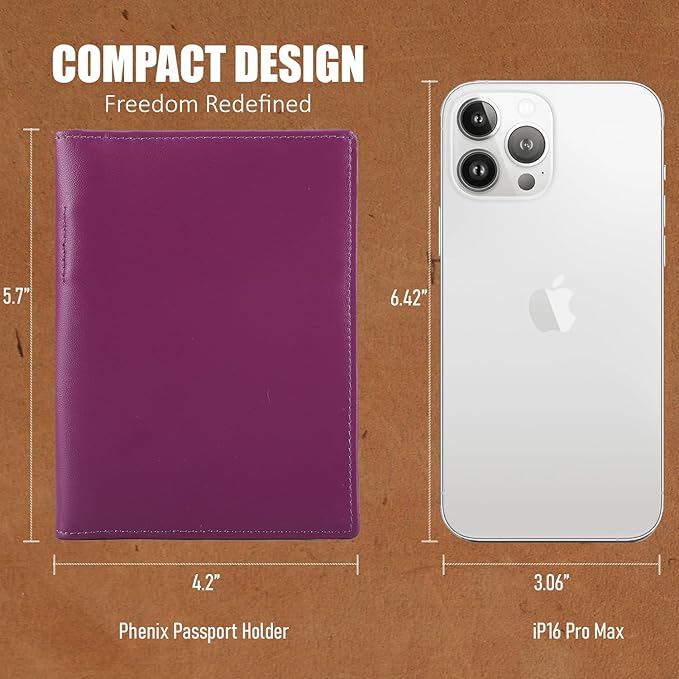 STAR VISTA Phoenix Leather Passport Holder, Calfskin Leather Travel Wallet - RFID Blocking, ID Window, Zipper Pocket, Pen & Notebook Included, AirTag Holder, Violet