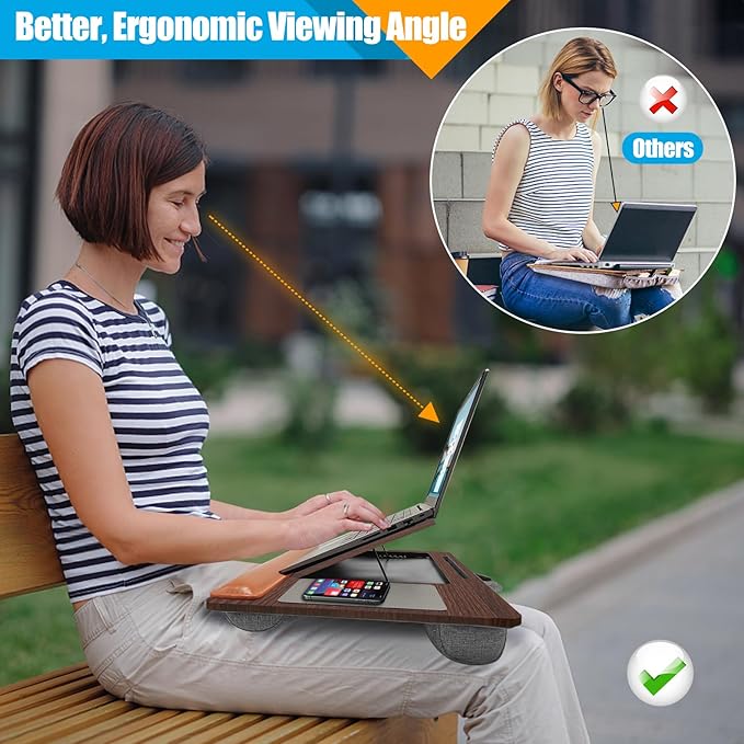 Adjustable Angle Laptop Tray with Leather Wrist Pad - Wooden Laptop Lap Desk with Soft Cushion, Laptops Table for Couch,Bed, Fits Laptops Up to 17 Inches, with Tablet Slot, Portable Handle, Brown