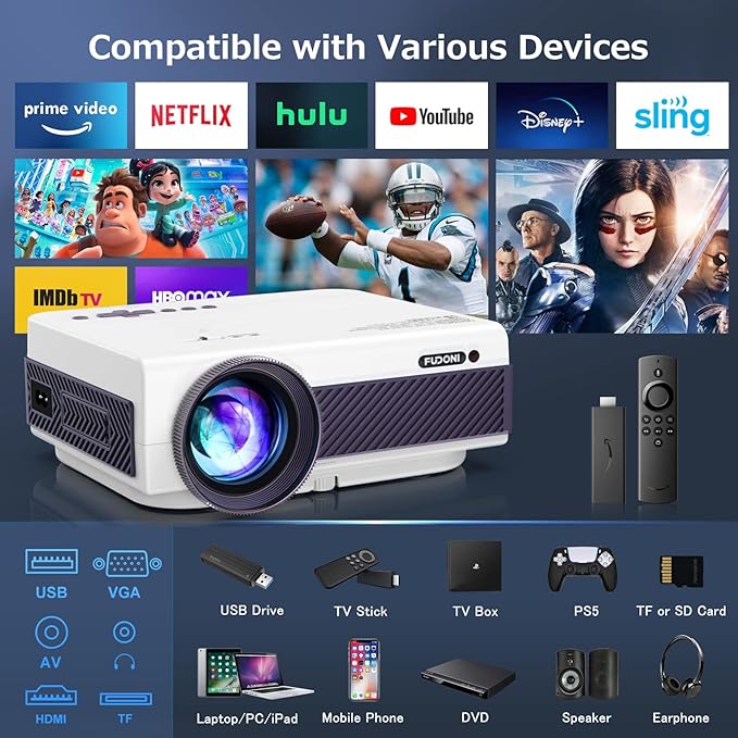 Projector with WiFi and Bluetooth, FUDONI 5G WiFi Native 1080P Outdoor Projector 15000L Support 4K, Portable Movie Projector with Keystone & Zoom, for iOS/Android/Laptop/TV Stick/HDMI/USB/VGA/TF