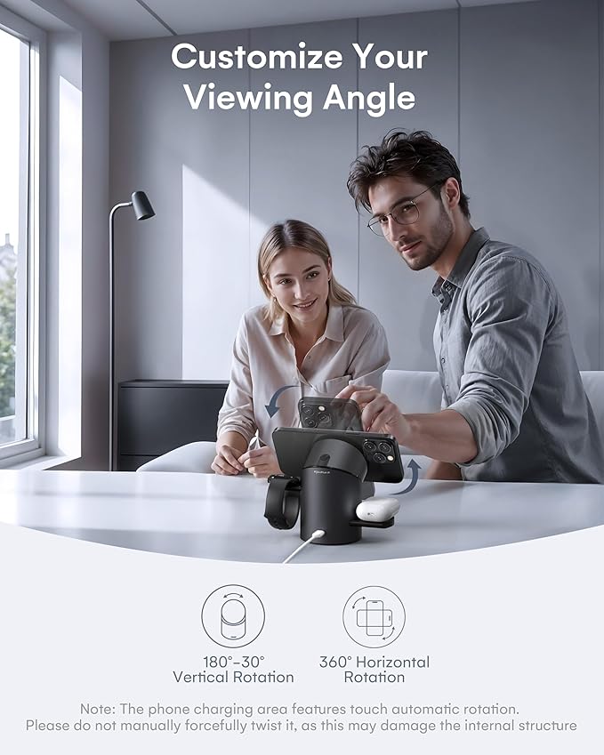 ZEEHOO 3 in 1 Charging Station for Apple Devices, Mag-Safe Charger Stand, Qi2 15W Auto-Rotating Wireless Charger for iPhone 17 16/15/14/13/12 Series& AirPods& iWatch(Black)