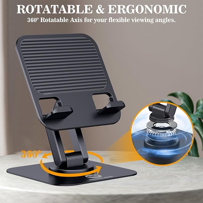 OCYCLONE for iPad Stand for Desk, 360 Rotating Adjustable Portable Monitor Tablet Holder Office Accessories Compatible with Kindle 4" - 15.6" Tablet iPad PS iPhone, Black