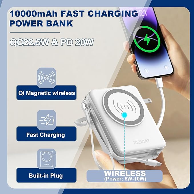 for Magsafe Portable Charger Power Bank 10000mAh, 22.5W Battery Pack Fast Charging Wall Plug Power Bank for iPhone Andriod Sumsung Travel Charger with Built in USB C & Lightning Cables