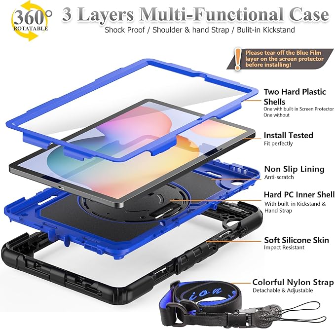 SEYMAC stock Case for Samsung Galaxy Tab S6 Lite 10.4’’ (2024-2020) with Screen Protector Pencil Holder [360° Rotating Hand Strap] &Stand, Drop-Proof Case for Galaxy Tab S6 Lite Tablet, Blue/Black