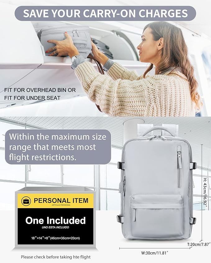 Carry On Backpack for Women, Airline Approved Personal Item Large Travel Backpack Flight Approved, Waterproof Laptop Bag Business Work Gym Backpacks Men Grey Mochila De Viaje