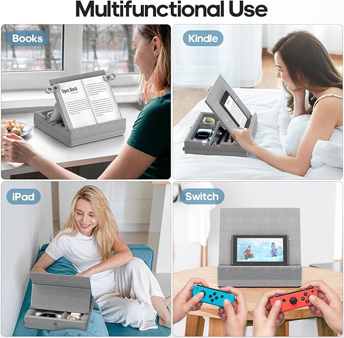 KDD Book Stand with Storage, Multi-Angle Viewing Reading Tablet Holder for Lap, Bed, Desk and Couch, Foldable I-pad Pillow Holder with Organizer Tray for Book,Tablet, Cell Phone, E-Reader (4.7"-15")