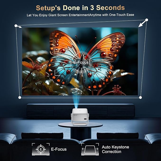 Smart Projector with WiFi and Bluetooth, 1080P Native 4K Support, 600 ANSI Lumen, Electric Focus & Auto Keystone, Built in Apps, Mini Portable Projector for Outdoor Movies Home Theater