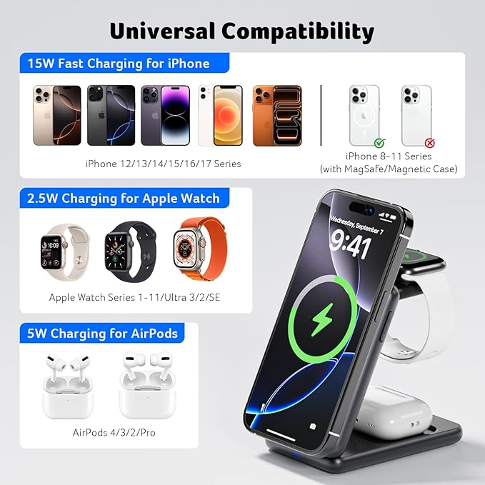 Acer Magnetic Wireless Charger,3 in 1 Wireless Charging Station,15W Fast MagSafe Charger for iPhone 17 16 15 14 13 12 Series-Apple Watch 10 9 8 7 6 5 4 3 2 SE and Ultra Series-Airpods 4 3 2 Pro Series