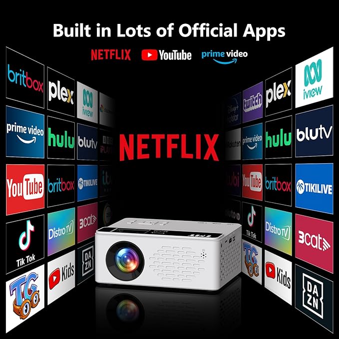 TMY Netflix-Officially-Licensed Mini Movie Projector with WiFi and Bluetooth, Compatible with TV Stick Smartphone/HDMI/USB, Indoor & Outdoor Use