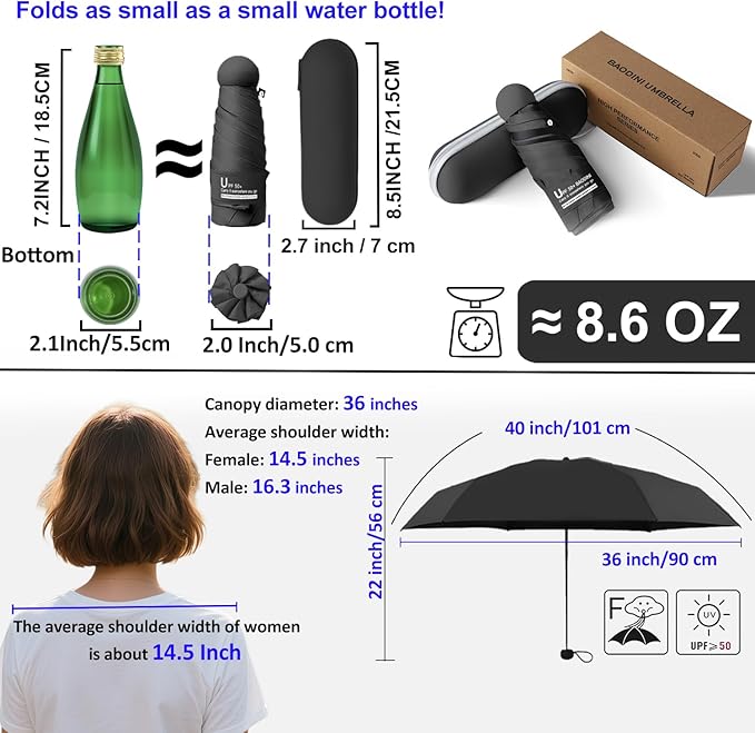 BAODINI Travel Essentials Mini Umbrella for Purse With Case Small Compact UV Sun Protection Lightweight Tiny Pocket Manual Open Close Umbrella for Women Kids and Men Fit Purse Backpack