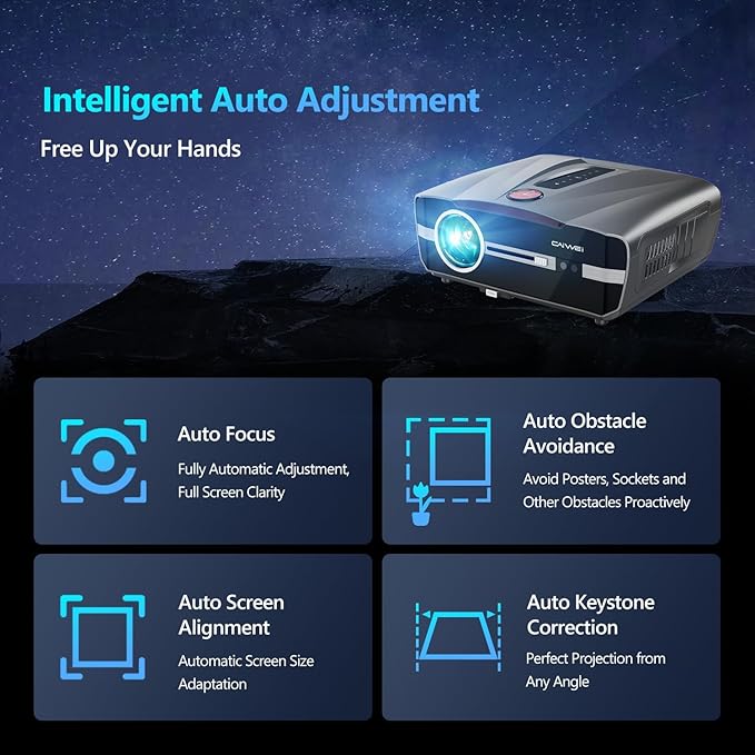 Ultra HD 4K Projector Auto Focus HDR WiFi6, Smart LED WiFi Bluetooth Projector 4K Daylight Home Cinema Movie Gaming 1500ANSI Ceiling Mounted Indoor Outdoor with Auto Keystone Zoom HDMI USB LAN Apps
