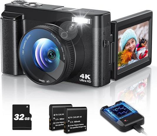 4K Digital Camera for Photography Autofocus, 48MP Vlogging With Flash Anti-Shake, 3'' 180 Flip Screen Compact Travel 16X Zoom for Teens With 32G Card, Battery Charger