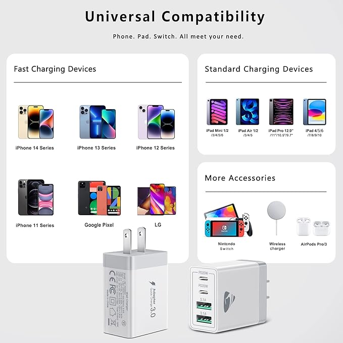 USB C Wall Charger Block 3-Pack, Aiminu 40W 4-Port PD Power Delivery Fast Type C Charging Block Plug Adapter for iPhone 15 14 13 12 11 Pro Max, XS/XR/X, iPad, Android Phones Charger Cube