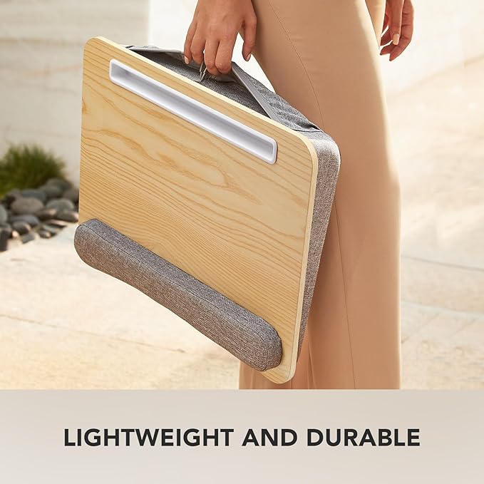 HUANUO Lap Laptop Desk - Portable Lap Desk with Pillow Cushion, Fits up to 15.6 inch Laptop, with Anti-Slip Strip & Storage Function for Home Office Students Use as Computer Stand - Light Wood