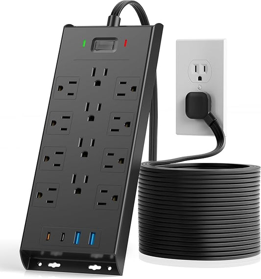 Surge Protector Power Strip 4800J, LeZone 10Ft Long Extension Cord Flat Plug, 12 Outlets 2 USB C 2 USB Ports, Wall Mountable, 20W Desk Charging Station, Black