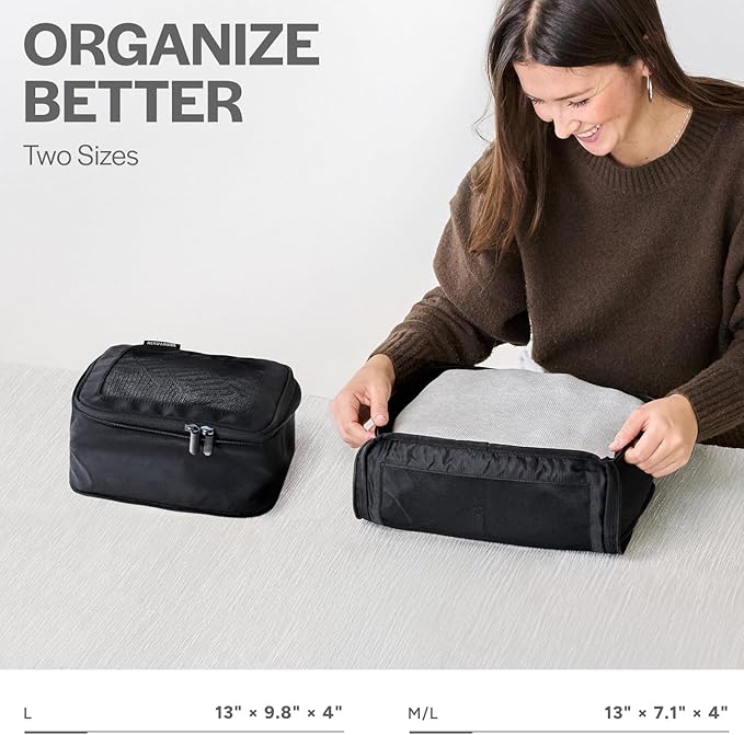 Compression Packing Cubes for Travel - Luggage Organizer Bags - Double Zipper Packing Cubes for Suitcases (2-Pack, Black)