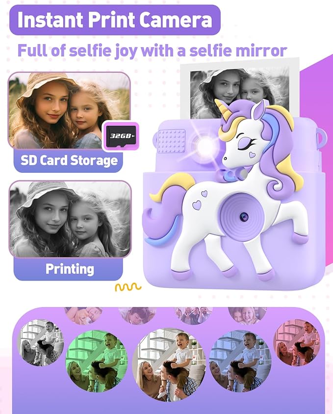 Kids Camera Instant Print Gifts for Girls Age 4-12, Instant Camera for Kids with Silicone Cover, 1080P Kids Digital Camera Toys for 3 4 5 6 7 8 9 10 Years Old Girls 32GB Card Lilac