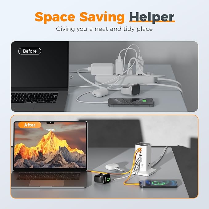 Charging Station PD 100W, TESSAN 9-in-1 USB C Power Strip for iPhone 16/15, MacBook, Tablet, Desktop Phone Fast Charger with 3 AC, 3 USB-A Ports, Home Drom Office Accessories, White