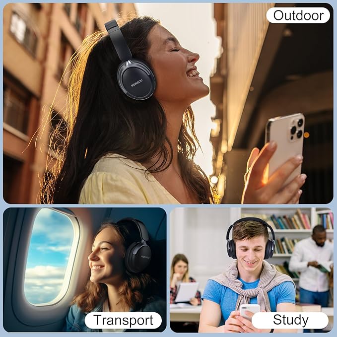 RORSOU B8 Bluetooth Headphones Over Ear, 6 EQ Music Modes and 50H Playtime Deep Bass Wireless Headphones with Mic, Lightweight Folding HiFi Stereo Headset for iPad/Travel/Tablet/PC/Home Space Black