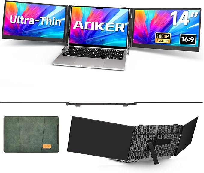 Triple Laptop Screen Extender - Ultra Thin 14" Monitor IPS FHD 1080P Portable Display for 13"-17" Laptops Compatible with Compatible with Windows Mac Chrome Surface Travel Work Setup