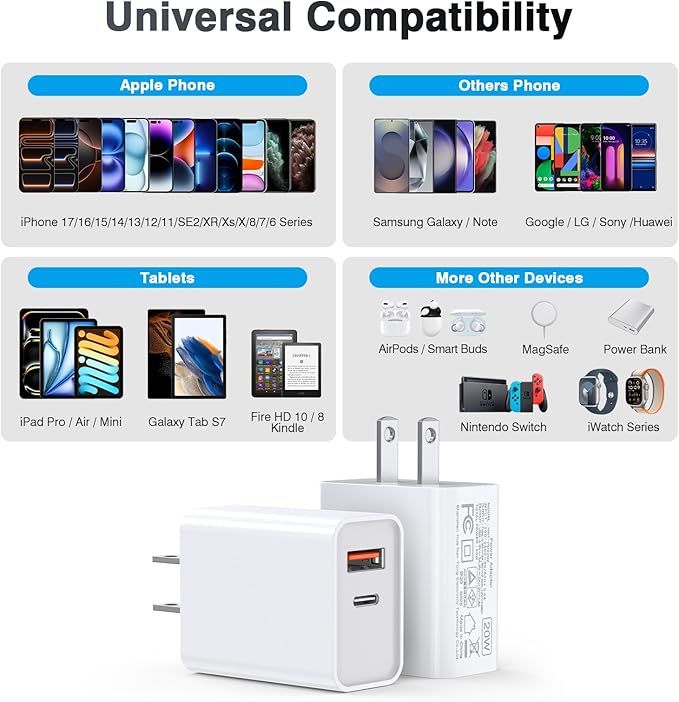 2-Pack Type C Charger Adapter, 20W Multiport Fast Charge Power Brick Cube for iPhone 16/17, iPad, iPod, Samsung Galaxy, Motorola, PS5, Huawei, HTC, LG, Nokia, QC+PD 3.0 USBA Box Wall Plug