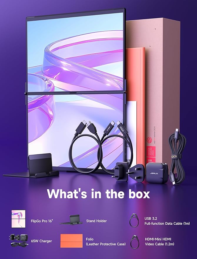 JSAUX FlipGo Pro 16" Dual Portable Monitors, 2.5K Triple Laptop Screen Extender, Portable IPS Dual-Screen Monitor for Laptop[for Windows/Linux/macOS] One Cable to Dual/Magnetic Design/DisplayLink