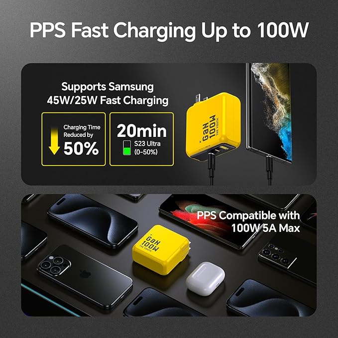 AOHI Youth 100W Gan+ USB C Wall Charger, 3-Port Laptop Fast Charger Type C Power Adapter PPS PD for MacBook Pro/Air, iPad Pro, iPhone 17/16 Pro Max, Galaxy S24 Ultra/Note, Pixel, Steam Deck, Yellow