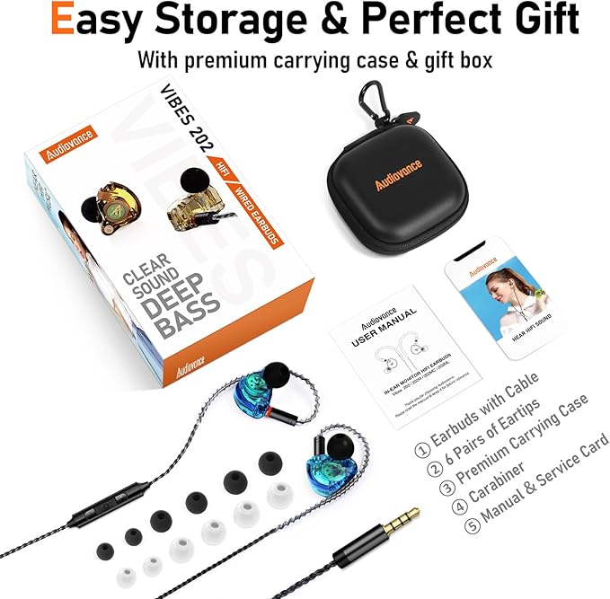 Vibes 202M Wired Earbuds - HiFi in Ear Monitor Headphones - Noise-Isolating Ear Buds w/ Mic - Clear Sound, Deep Bass & Comfort-Fit Gaming Earphones - MMCX to 3.5mm & Silver Plated Cord, Carrying Case