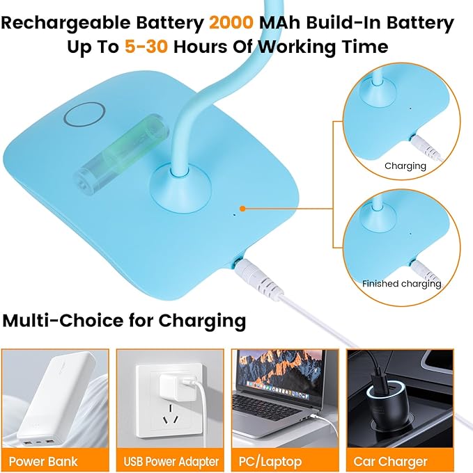 Battery Powered Desk Lamp, Portable Lamps Rechargeable 3 Color Modes Touch Control Stepless Dimming, Wireless Desk Lamp with 2000mAh, Small LED Table Light for Dorm Study Office Bedroom,Blue