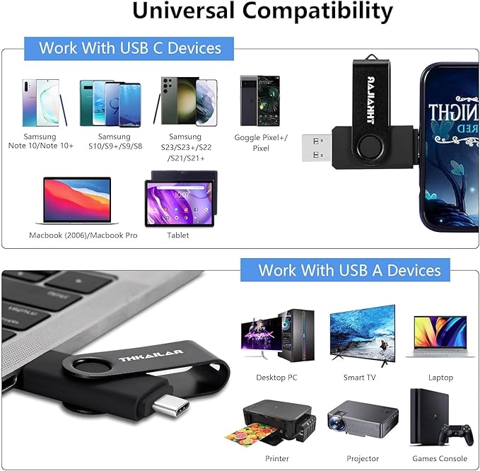 Thkailar 256GB USB 3.1 Flash Drive-2 in 1 USB C Flash Drive Compatible with Android Phone PC Galaxy Mac Pro Laptops PC High Speed Data Transfer(Black)