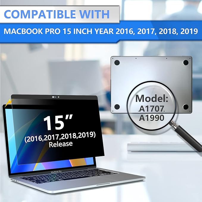 ZOEGAA Magnetic Privacy Screen MacBook Pro 15 Inch, Removable Privacy Screen Filters Anti-Spy, Anti Blue Light and Anti Glare Screen Protector for Macbook Pro 15 inch (2016-2019) Model (A1707, A1990)