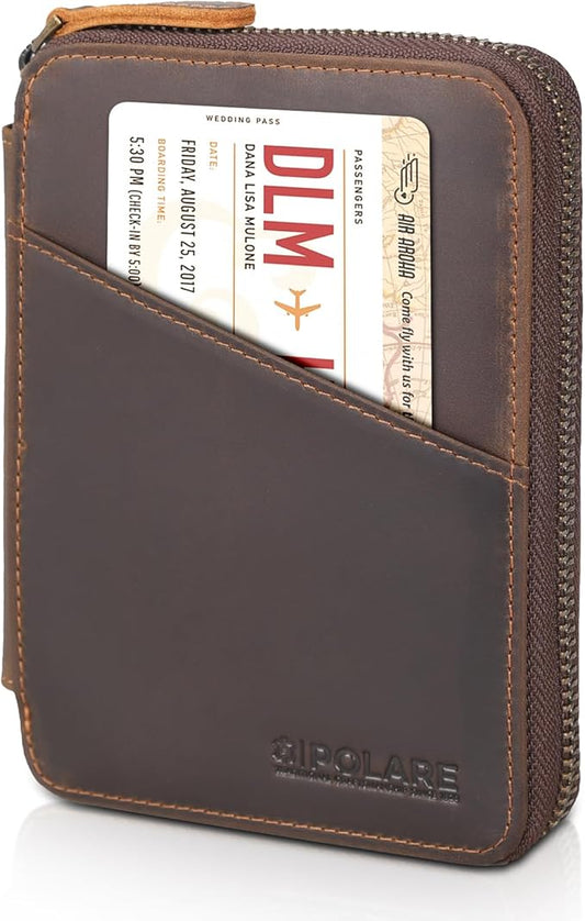 Polare Full Grain Leather Travel Passport Wallet RFID Blocking Passport Holder Soft Bifold Cover Case with YKK Zipper