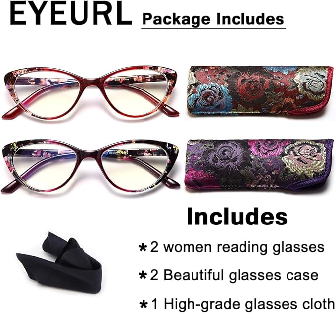 EYEURL Cat Eye Reading Glasses for Womens 2 Pack of Blue Light Blocking Readers +2.5 Spring Hinge Vintage Computer Eyeglass with Colorful Pattern Design