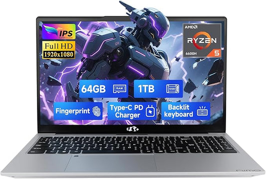 NIMO 15.6" IPS FHD-Gaming-Laptop, 6 Cores AMD Ryzen 5 6600H 64GB DDR5 RAM 1TB SSD (Beat i7-1165G7 up to 4.5GHz) 660M 6nm GPU-Computer with 100W Type-C Backlit Keyboard, Fingerprint