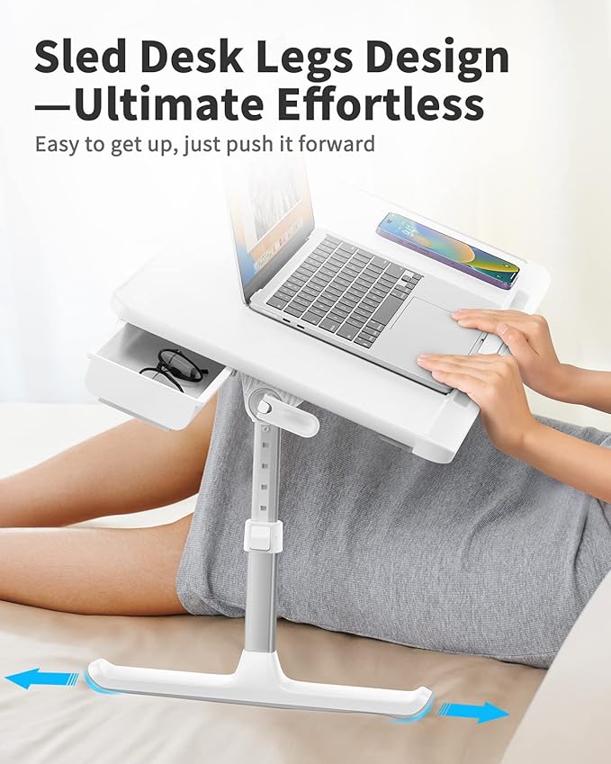 SAIJI Laptop Bed Tray Table, Adjustable PVC Leather Laptop Bed Table, Portable Standing Desk with Storage Drawer, Foldable Lap Tablet Table for Sofa Couch Floor (Large,White)