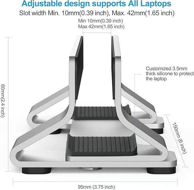 Aluminum Vertical Laptop Stand Dock Holder, Adjustable Slot Width 12-42mm, Space-Saving Upright Storage for MacBook and Laptops