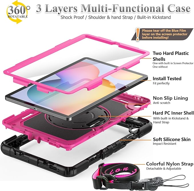 SEYMAC stock Case for Samsung Galaxy Tab S6 Lite 10.4’’ (2024-2020) with Screen Protector Pencil Holder [360° Rotating Hand Strap] &Stand, Drop-Proof Case for Galaxy Tab S6 Lite Tablet, Pink/Black