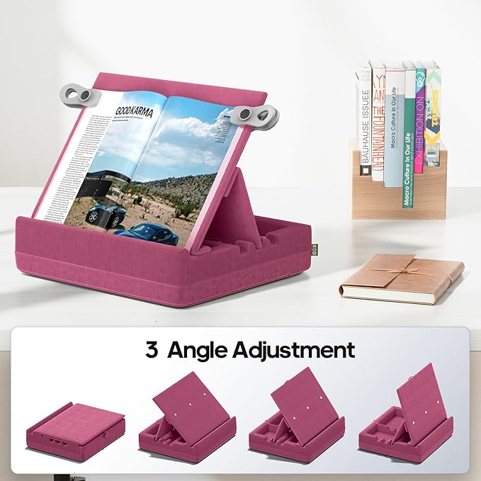 KDD Book Stand with Storage, Multi-Angle Viewing Reading Tablet Holder for Lap, Bed, Desk and Couch, Foldable I-pad Pillow Holder with Organizer Tray for Book,Tablet, Cell Phone, (4.7"-15") Purple