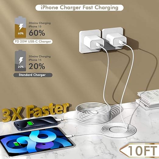 iPhone 16 15 Charger Fast Charging, 2Pack 10FT Extra Long USBC to C Cable Cord with 20W Apple iPad USB C Fast Charger USB C Wall Charger Block for iPhone 16/16 Plus/16 Pro/16 ProMax/15/15 ProMax/iPad