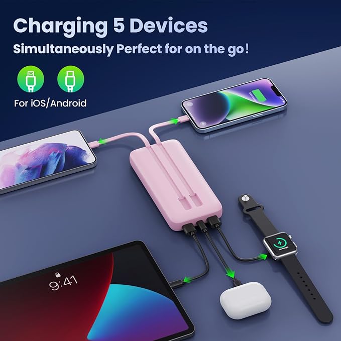 Portable Charger 40,800mAh Power Bank, 25W PD QC 4.0 Fast Charging Portable Phone Charger with Built-in Cables,LCD Display USB C Battery Pack Compatible with iPhone 16/15/14,Android Samsung (Pink)