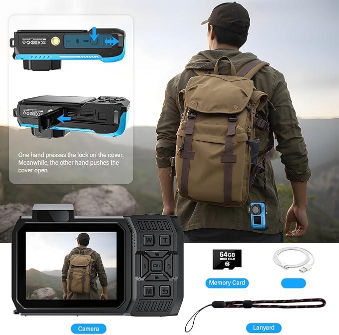 8K UHD 70MP WiFi Digital Camera with 64GB Card Rugged Waterproof Dustproof Shockproof Dual-Screen Selfie 33FT Underwater Camera for Snorkeling Autofocus Point and Shoot Digital Camera (Blue)