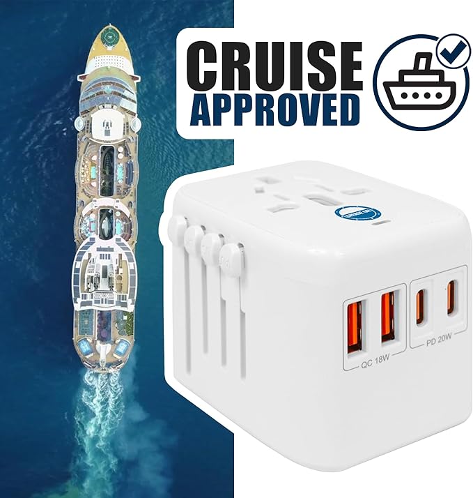 Cruise On Universal Travel Adapter, Cruise Approved (Incl. Royal Caribbean, Disney) - International Power Adapter [2 USB-C, 2 USB, AC] World Travel Plug Adapter Converter - USA, Italy, Europe, Asia