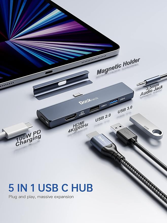 iPad Pro USB C Hub Multiport Adapter - Dockteck USBC Hub 5 in 1 with 100W PD, 4K 60Hz HDMI, Audio, USB 3.0, USB C Dock with Magnetic Grip for iPad Pro 12.9 2021 2020 2018, iPad Air, iPad mini 6