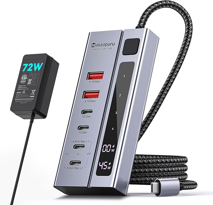 Minisopuru Powered USB C Hub – Support Max 45W Charging, 10Gbps Data Transfer, 6 IN1 USB C Hub with 72W Power Adapter, Compatible with Meta Quest Pro, Steam, iPad Pro, iPhone, Watch (Not for Monitor)