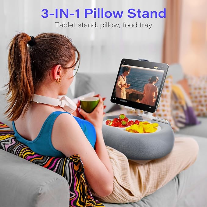 Kindle Tablet Pillow Stand with Detachable Trays Fit iPad Tablet Stand Holder for Bed Fit 4''-13'' Phone/Kindle with Case Reading Accessories Gift Soft Plus Fabric, Gray